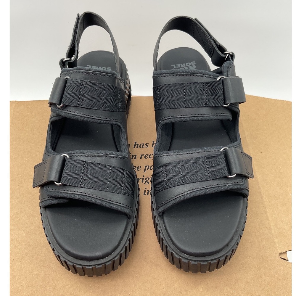 Sorel‎ Roaming Buckle Slide Black Leather Platform Sandals NL5235-010 Womens 10